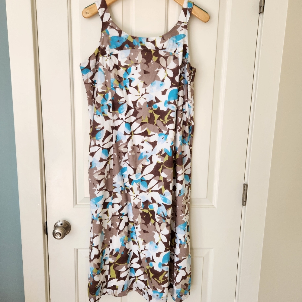 J. Jill Midi Dress Summer Floral Print Straps Blue Aqua Brown White 16 Petite - Picture 2 of 14